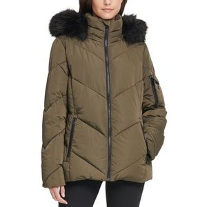DKNY Chevron Hooded Faux Fur Trim Puffer Jacket